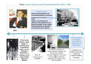Perú: Primer Gobierno de Fernando Belaúnde 1963- 1968
Épocas de crisis
Desde el primer gobiernode
FernandoBelaúnde, laeconomía
peruana entró en continuos La Estatización procesos de crisis. En el
citado
régimen, los problemas se
debierona desequilibrios enla
balanza de pagos, lo que originó
la devaluaciónde la moneda y
el incrementode la inflación.
1963
Se creó el Banco
El Perú como de la Nación.
Se construyó el
Doctrina, Acción
aeropuerto de
Popular se
Jorge Chávez.
convirtió así en
un partido de
masas y en una Se empezó a construir la Su gobierno no
alternativa famosa Carretera Marginal de logra terminar por
democrática y la Selva (hoy carretera
el golpe del
novedosa de las Obras de Fernando Belaunde Terry) para Gobierno Militar
clases medias unir esa región, hasta ese
Construcción de
de Velasco.
urbanas no viviendas momento casi aislada, con la
apristas sierra y la costa.
 