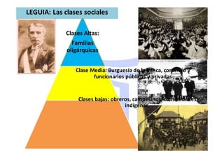 LEGUIA: Las clases sociales
Clases Altas:
Familias
oligárquicas
Clase Media: Burguesía de la banca, comercio y
funcionarios públicos y privadas
Clases bajas: obreros, campesinos, comunidades
indígenas.
 