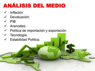  Inflación
 Devaluación.
 PIB
 Aranceles
 Política de importación y exportación
 Tecnología
 Estabilidad Política.
ANÁLISIS DEL MEDIO
 
