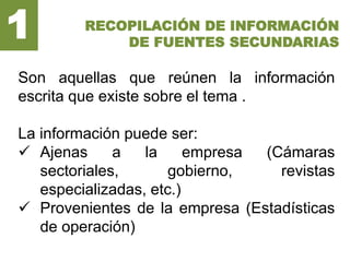 RECOPILACIÓN DE INFORMACIÓN
DE FUENTES SECUNDARIAS
Son aquellas que reúnen la información
escrita que existe sobre el tema .
La información puede ser:
 Ajenas a la empresa (Cámaras
sectoriales, gobierno, revistas
especializadas, etc.)
 Provenientes de la empresa (Estadísticas
de operación)
1
 