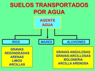 SUELOS TRANSPORTADOS
POR AGUA
AGENTE
AGUA
RIOS ALUVIONES
GRAVAS
REDONDEADAS
ARENAS
LIMOS
ARCILLAS
GRAVAS ANGULOSAS
GRAVAS-ARCILLOSAS
BOLONERIA
ARCILLA ARENOSA
MARES
 