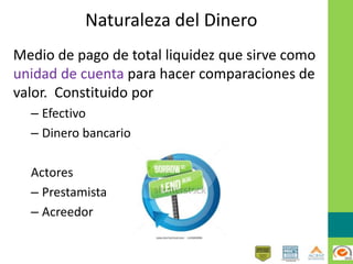 Naturaleza del Dinero
Medio de pago de total liquidez que sirve como
unidad de cuenta para hacer comparaciones de
valor. Constituido por
– Efectivo
– Dinero bancario
Actores
– Prestamista
– Acreedor
 