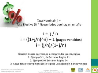 Formulación y Evaluación de Proyectos
Maestría Gerencia de Proyectos
Profesora: Mary Simpson
Facultad de Postgrados - Universidad EAN
i = j / n
i = ((1+j/n)^n) – 1 (pagos vencidos)
i = (j/n)/(1- j/n)
Ejercicio 5: para acercarnos a comprender los conceptos
1. Ejemplo 3.1., de Serrano. Página 71
2. Ejemplo 3.6. Serrano. Página 74
3. A qué tasa efectiva mensual se triplica un capital en 2 años y medio
Tasa Nominal (j) =
Tasa Efectiva (i) * No periodos que hay en un año
 