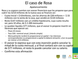 El caso de Rosa
Apalancamiento
Rosa y su esposo cuentan con asesor financiero que les propone que para
cubrir los $210 millones de la nueva casa se financie así:
- Cuota Inicial = $ 63millones, con los ahorros de $30 millones + $ 33
millones con la venta de la casa, que vendió en $110 millones
- Resto $147 millones con un crédito hipotecario, cuya cuota resulta
ser, para 10 años, de $ 2.200 mensuales
- Le quedan líquidos $77 millones, que el asesor le propone invertir en
libranzas que operan así:
- Plazo 24 meses
- Tasa 33% nominal anual, (interés simple)
- Mensualmente recibirá lo proporcional al capital + los intereses
correspondientes Lo proporcional a capital lo deberá reinvertir; c/un no puede
ser menor a $ 6 millones.
- El asesor le expresa que con esta inversión podrá cancelar la
mitad de la cuota mensual, y al final contará aún con su capital
de $77 millones, el resto lo puede cancelar con su salario.
- Confirme esta afirmación
 
