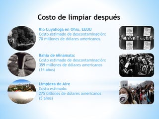Costo de limpiar después
Río Cuyahoga en Ohio, EEUU
Costo estimado de descontaminación:
70 millones de dólares americanos.
Bahía de Minamata:
Costo estimado de descontaminación:
359 millones de dólares americanos
(14 años)
Limpieza de Aire
Costo estimado:
275 billones de dólares americanos
(5 años)
 