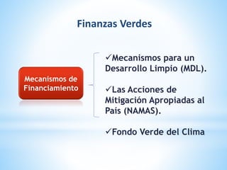 Finanzas Verdes
Mecanismos de
Financiamiento
Mecanismos para un
Desarrollo Limpio (MDL).
Las Acciones de
Mitigación Apropiadas al
País (NAMAS).
Fondo Verde del Clima
 