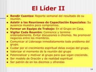 14El Líder IIRendir Cuentas: Reporte semanal del resultado de su reunión. Asistir a las Reuniones de Capacitación Especiales: Su ausencia muestra poco compromiso.Formar un Equipo de Trabajo: En el Grupo en Casa.  Vigilar Cada Reunión: Comience y termine ordenadamente. Evitar discusiones o chismes. No promover negocios entre los miembros.Comunicar al Liderazgo inmediatamente todo problema del grupo.Cuidar por el crecimiento espiritual delas ovejas del grupo.Valorizar el momento de la reunión del grupoPotencializar y motivar al grupo para que sigan creciendo.Ser modelo de Oración y de realidad espiritualSer patrón de en los diezmos y ofrendas