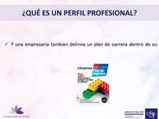 ¿QUÉ ES UN PERFIL PROFESIONAL? 
• 
 Y una empresaria tambien delínea un plan de carrera dentro de su 
Diseñar el Perfil Profesional 
con el cual quieres ser 
conocida 
 