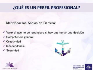 ¿QUÉ ES UN PERFIL PROFESIONAL? 
• Identificar las Anclas de Carrera: 
 Valor al que no se renunciara Diseñar si hay el que Perfil tomar Profesional 
una decisión 
 Competencia general 
con el cual quieres ser 
conocida 
 Creatividad 
 Independencia 
 Seguridad 
 