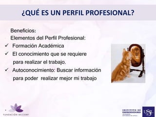 Diseñar el Perfil Profesional 
con el cual quieres ser 
conocida 
• Beneficios: 
• Elementos del Perfil Profesional: 
 Formación Académica 
 El conocimiento que se requiere 
para realizar el trabajo. 
 Autoconocimiento: Buscar información 
para poder realizar mejor mi trabajo 
. 
¿QUÉ ES UN PERFIL PROFESIONAL? 
 