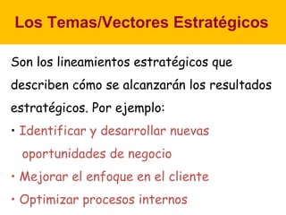 Los Temas/Vectores Estratégicos Son los lineamientos estratégicos que describen cómo se alcanzarán los resultados estratégicos. Por ejemplo : Identificar y desarrollar nuevas  oportunidades de negocio Mejorar el enfoque en el cliente Optimizar procesos internos 