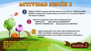 REPASA Y COPIA los apuntes del texto anterior de la Sección 2 , TEALIZA un MAPA
MENTAL en referencia a los temas vistos en la sesión 1 y 2. (recuerda enriquecer
este mapa con dibujos)
Observa los siguientes videos sobre la elaboración del:
- CORCHO Link: https://youtu.be/4qN0RLJbYtE
- GRANITO Y MARMOL link: https://youtu.be/-v3l9ZYD5FU
Según lo observado en los video, sobre la elaboración de la
SEDA Y EL CAUCHO, cuéntanos que te parecieron? , que
curiosidades vistes en los 2 videos, te parecieron interesantes y
porque?.
NOTA: Recuerde que todas las actividades son enviadas el
día viernes 8 de mayo, le toman foto y todas esas fotos las
pegan en un solo documento Word y ese solo documento es
el que me envían por el ICONO TAREA en CHAMILO.
 