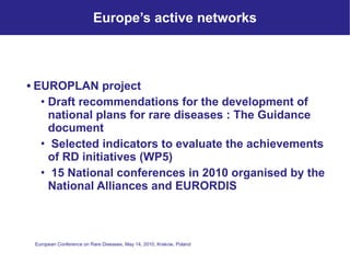 Europe’s active networks EUROPLAN project Draft recommendations for the development of national plans for rare diseases : The Guidance document  Selected indicators to evaluate the achievements of RD initiatives (WP5) 15 National conferences in 2010 organised by the National Alliances and EURORDIS 