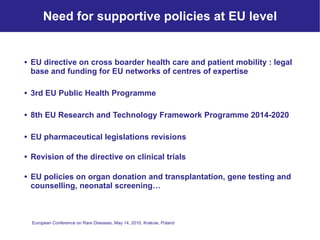 Need for supportive policies at EU level EU directive on cross boarder health care and patient mobility : legal base and funding for EU networks of centres of expertise 3rd EU Public Health Programme 8th EU Research and Technology Framework Programme 2014-2020 EU pharmaceutical legislations revisions Revision of the directive on clinical trials EU policies on organ donation and transplantation, gene testing and counselling, neonatal screening… 