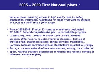 2005 – 2009 First National plans : National plans:  ensuring access to high quality care, including diagnostics, treatments, habilitation for those living with the disease and, if possible effective orphan drugs France 2005-2008 : France. 131 centres of reference designated  2010-2013: Second comprehensive plan, to consolidate progress  Luxembourg, 2005: creation of a task force on rare diseases Bulgaria, 2008: national register, improved diagnosis, training of professionals, awareness raising, clinical services, treatments… Romania. National committee with all stakeholders establish a strategy Portugal. national network of treatment centres, training, data collection Spain. National strategy, designation of national and regional centres of reference, national registry 