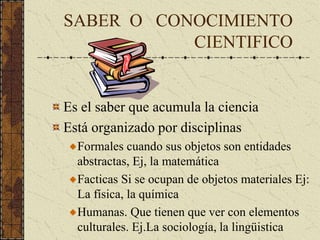 SABER O CONOCIMIENTO
CIENTIFICO
Es el saber que acumula la ciencia
Está organizado por disciplinas
Formales cuando sus objetos son entidades
abstractas, Ej, la matemática
Facticas Si se ocupan de objetos materiales Ej:
La física, la química
Humanas. Que tienen que ver con elementos
culturales. Ej.La sociología, la lingüistica
 