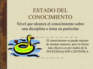 ESTADO DEL
CONOCIMIENTO
Nivel que alcanza el conocimiento sobre
una disciplina o tema en particular
El conocimiento se puede mejorar
de muchas maneras, pero la forma
más efectiva es por medio de la
INVESTIGACION CIENTIFICA
 