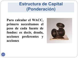 14-29
Estructura de Capital
(Ponderación)
Para calcular el WACC,
primero necesitamos el
peso de cada fuente de
fondos: es decir, deuda,
acciones preferentes y
acciones
 