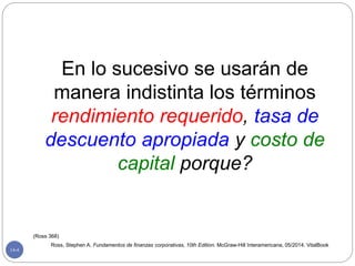 14-4
En lo sucesivo se usarán de
manera indistinta los términos
rendimiento requerido, tasa de
descuento apropiada y costo de
capital porque?
(Ross 368)
Ross, Stephen A. Fundamentos de finanzas corporativas, 10th Edition. McGraw-Hill Interamericana, 05/2014. VitalBook
 