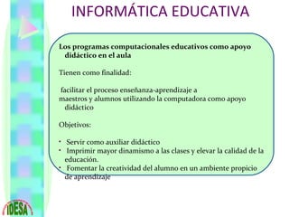 INFORMÁTICA EDUCATIVA Los programas computacionales educativos como apoyo didáctico en el aula Tienen como finalidad: facilitar el proceso enseñanza-aprendizaje a maestros y alumnos utilizando la computadora como apoyo didáctico Objetivos: Servir como auxiliar didáctico  Imprimir mayor dinamismo a las clases y elevar la calidad de la educación. Fomentar la creatividad del alumno en un ambiente propicio de aprendizaje 