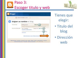 Paso 3:
Escoger titulo y web
Tienes que
elegir:
• Titulo del
blog
• Dirección
web
 