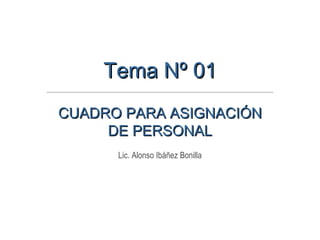 CUADRO PARA ASIGNACIÓN DE PERSONAL Lic. Alonso Ibáñez Bonilla Tema Nº 01 
