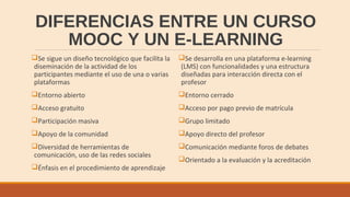DIFERENCIAS ENTRE UN CURSO
MOOC Y UN E-LEARNING
Se sigue un diseño tecnológico que facilita la
diseminación de la actividad de los
participantes mediante el uso de una o varias
plataformas
Entorno abierto
Acceso gratuito
Participación masiva
Apoyo de la comunidad
Diversidad de herramientas de
comunicación, uso de las redes sociales
Énfasis en el procedimiento de aprendizaje
Se desarrolla en una plataforma e-learning
(LMS) con funcionalidades y una estructura
diseñadas para interacción directa con el
profesor
Entorno cerrado
Acceso por pago previo de matrícula
Grupo limitado
Apoyo directo del profesor
Comunicación mediante foros de debates
Orientado a la evaluación y la acreditación
 