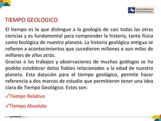 TIEMPO GEOLOGICO
El tiempo es lo que distingue a la geología de casi todas las otras
ciencias y es fundamental para comprender la historia, tanto física
como biológica de nuestro planeta. La historia geológica antigua se
refieren a acontecimientos que sucedieron millones o aun miles de
millones de años atrás.
Gracias a los trabajos y observaciones de muchos geólogos se ha
podido establecer datos fiables relacionados a la edad de nuestro
planeta. Esta datación para el tiempo geológico, permite hacer
referencia a dos marcos de estudio que permitieron tener una idea
clara de Tiempo Geológico. Estos son:
✓Tiempo Relativo
✓Tiempo Absoluto
 