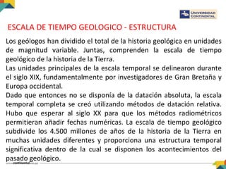 ESCALA DE TIEMPO GEOLOGICO - ESTRUCTURA
Los geólogos han dividido el total de la historia geológica en unidades
de magnitud variable. Juntas, comprenden la escala de tiempo
geológico de la historia de la Tierra.
Las unidades principales de la escala temporal se delinearon durante
el siglo XIX, fundamentalmente por investigadores de Gran Bretaña y
Europa occidental.
Dado que entonces no se disponía de la datación absoluta, la escala
temporal completa se creó utilizando métodos de datación relativa.
Hubo que esperar al siglo XX para que los métodos radiométricos
permitieran añadir fechas numéricas. La escala de tiempo geológico
subdivide los 4.500 millones de años de la historia de la Tierra en
muchas unidades diferentes y proporciona una estructura temporal
significativa dentro de la cual se disponen los acontecimientos del
pasado geológico.
 