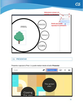 33
11. PRESENTAR
Presenta o ejecuta tu Prezi. Lo puede realizar desde el botón Presentar.
Seleccionar y mover a la
posición que deseemos
Desde aquí puede
reproducir la animación.
 