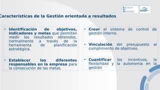 Características de la Gestión orientada a resultados
• Identificación de objetivos,
indicadores y metas que permitan
medir los resultados obtenidos,
normalmente a través de la
herramienta de planificación
estratégica.
• Establecer los diferentes
responsables en la empresa para
la consecución de las metas.
• Crear el sistema de control de
gestión interno.
• Vinculación del presupuesto al
cumplimiento de objetivos.
• Cuantificar los incentivos, la
flexibilidad y la autonomía en la
gestión
 