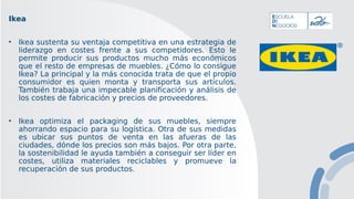 Ikea
• Ikea sustenta su ventaja competitiva en una estrategia de
liderazgo en costes frente a sus competidores. Esto le
permite producir sus productos mucho más económicos
que el resto de empresas de muebles. ¿Cómo lo consigue
Ikea? La principal y la más conocida trata de que el propio
consumidor es quien monta y transporta sus artículos.
También trabaja una impecable planificación y análisis de
los costes de fabricación y precios de proveedores.
• Ikea optimiza el packaging de sus muebles, siempre
ahorrando espacio para su logística. Otra de sus medidas
es ubicar sus puntos de venta en las afueras de las
ciudades, dónde los precios son más bajos. Por otra parte,
la sostenibilidad le ayuda también a conseguir ser líder en
costes, utiliza materiales reciclables y promueve la
recuperación de sus productos.
 