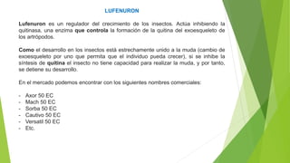 LUFENURON
Lufenuron es un regulador del crecimiento de los insectos. Actúa inhibiendo la
quitinasa, una enzima que controla la formación de la quitina del exoesqueleto de
los artrópodos.
Como el desarrollo en los insectos está estrechamente unido a la muda (cambio de
exoesqueleto por uno que permita que el individuo pueda crecer), si se inhibe la
síntesis de quitina el insecto no tiene capacidad para realizar la muda, y por tanto,
se detiene su desarrollo.
En el mercado podemos encontrar con los siguientes nombres comerciales:
- Axor 50 EC
- Mach 50 EC
- Sorba 50 EC
- Cautivo 50 EC
- Versatil 50 EC
- Etc.
 