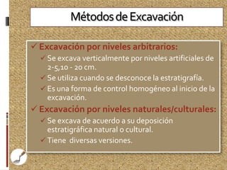 Métodos de Excavación

 Excavación por niveles arbitrarios:
   Se excava verticalmente por niveles artificiales de
    2-5,10 - 20 cm.
   Se utiliza cuando se desconoce la estratigrafía.
   Es una forma de control homogéneo al inicio de la
    excavación.
 Excavación por niveles naturales/culturales:
   Se excava de acuerdo a su deposición
    estratigráfica natural o cultural.
   Tiene diversas versiones.
 
