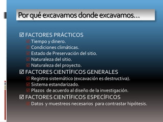Por qué excavamos donde excavamos…

 FACTORES PRÁCTICOS
   Tiempo y dinero.
   Condiciones climáticas.
   Estado de Preservación del sitio.
   Naturaleza del sitio.
   Naturaleza del proyecto.
 FACTORES CIENTÍFICOS GENERALES
   Registro sistemático (excavación es destructiva).
   Sistema estandarizado.
   Plazos de acuerdo al diseño de la investigación.
 FACTORES CIENTÍFICOS ESPECÍFICOS
   Datos y muestreos necesarios para contrastar hipótesis.
 