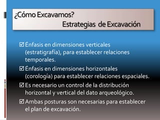 ¿Cómo Excavamos?
             Estrategias de Excavación

  Énfasis en dimensiones verticales
   (estratigrafía), para establecer relaciones
   temporales.
  Énfasis en dimensiones horizontales
   (corología) para establecer relaciones espaciales.
  Es necesario un control de la distribución
   horizontal y vertical del dato arqueológico.
  Ambas posturas son necesarias para establecer
   el plan de excavación.
 