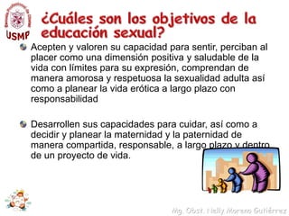 ¿Cuáles son los objetivos de la educación sexual?Respecto a la construcción saludable, la educación sexual infantil busca que las niñas y los niños:Conozcan, respeten y cuiden su cuerpo y el de los demás, acepten y valoren su sexo y el diferente, vivan en un ambiente de equidad.Desarrollen capacidades para expresarse afectivamente y para relacionarse en un marco de respeto a los derechos humanos, adquieran la capacidad de diferenciar una relación afectuosa de una abusiva, conozcan la manera de poner límites cuando se requiera, aprendan a amar y a negociar. 