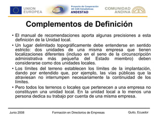 Complementos de Definición El manual de recomendaciones aporta algunas precisiones a esta definición de la Unidad local. Un lugar delimitado topográficamente debe entenderse en sentido estricto: dos unidades de una misma empresa que tienen localizaciones diferentes (incluso en el seno de la circunscripción administrativa más pequeña del Estado miembro) deben considerarse como dos unidades locales. Los límites del terreno establecen los límites de la implantación, dando por entendido que, por ejemplo, las vías públicas que la atraviesan no interrumpen necesariamente la continuidad de los límites. Pero todos los terrenos o locales que pertenecen a una empresa no constituyen una unidad local. En la unidad local a lo menos una persona dedica su trabajo por cuenta de una misma empresa. 
