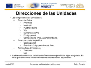 Direcciones de las Unidades Los componentes de Direcciones. Dirección física: Provincia Municipio Pueblo o barrio Vía Número en la Vía Código postal Complemento (Piso, apartamento etc.)  Dirección postal especifica Casilla postal Eventual código postal especifico Asimilados a Direcciones Teléfonos Mail Solo la Dirección física constituye información de publicidad legal obligatoria. Es decir que en caso de mudarse debe declarar en forma espontánea. 