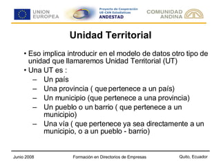 Unidad Territorial Eso implica introducir en el modelo de datos otro tipo de unidad que llamaremos Unidad Territorial (UT) Una UT es : Un país Una provincia ( que pertenece a un país) Un municipio (que pertenece a una provincia) Un pueblo o un barrio ( que pertenece a un municipio) Una vía ( que pertenece ya sea directamente a un municipio, o a un pueblo - barrio)  