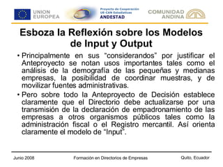 Esboza la Reflexión sobre los Modelos de Input y Output Principalmente en sus “considerandos” por justificar el Anteproyecto se notan usos importantes tales como el análisis de la demografía de las pequeñas y medianas empresas, la posibilidad de coordinar muestras, y de movilizar fuentes administrativas. Pero sobre todo la Anteproyecto de Decisión establece claramente que el Directorio debe actualizarse por una transmisión de la declaración de empadronamiento de las empresas a otros organismos públicos tales como la administración fiscal o el Registro mercantil. Así orienta claramente el modelo de “Input”. 