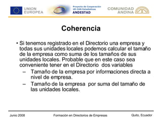 Coherencia Si tenemos registrado en el Directorio una empresa y todas sus unidades locales podemos calcular el tamaño de la empresa como suma de los tamaños de sus unidades locales. Probable que en este caso sea conveniente tener en el Directorio  dos variables Tamaño de la empresa por informaciones directa a nivel de empresa. Tamaño de la empresa  por suma del tamaño de las unidades locales.  