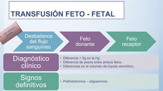 TRANSFUSIÓN FETO - FETAL
Desbalance
del flujo
sanguíneo
Feto
donante
Feto
receptor
• Diferencia > 5g en la Hg
• Diferencia de pesos entre ambos fetos.
• Diferencias en el volumen de líquido amniótico.
Diagnóstico
clínico
• Polihidramnios – oligoamnios
Signos
definitivos
 