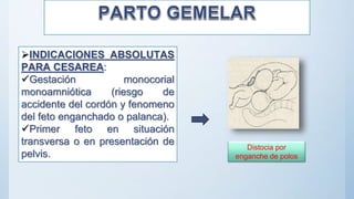 INDICACIONES ABSOLUTAS
PARA CESAREA:
Gestación monocorial
monoamniótica (riesgo de
accidente del cordón y fenomeno
del feto enganchado o palanca).
Primer feto en situación
transversa o en presentación de
pelvis.
Distocia por
enganche de polos
 