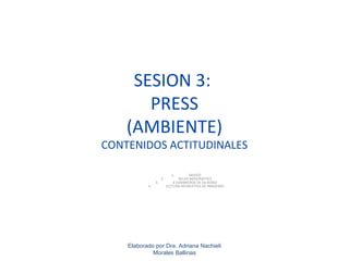 SESION 3:
       PRESS
    (AMBIENTE)
CONTENIDOS ACTITUDINALES

                            1.         MUSEO
                     2.          RELAX IMAGINATIVO
                3.            6 SOMBREROS DE De BONO
           4.             LECTURA RECREATIVA DE IMÁGENES




    Elaborado por Dra. Adriana Nachieli
             Morales Ballinas
 
