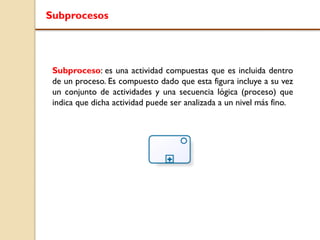Subprocesos
Subproceso: es una actividad compuestas que es incluida dentro
de un proceso. Es compuesto dado que esta figura incluye a su vez
un conjunto de actividades y una secuencia lógica (proceso) que
indica que dicha actividad puede ser analizada a un nivel más fino.
 
