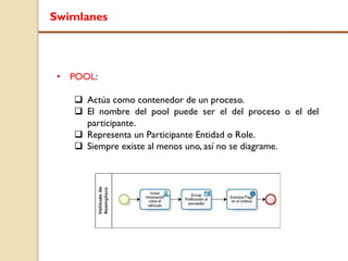 Swimlanes
• POOL:
 Actúa como contenedor de un proceso.
 El nombre del pool puede ser el del proceso o el del
participante.
 Representa un Participante Entidad o Role.
 Siempre existe al menos uno, así no se diagrame.
 