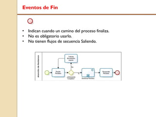 Eventos de Fin
• Indican cuando un camino del proceso finaliza.
• No es obligatorio usarlo.
• No tienen flujos de secuencia Saliendo.
 