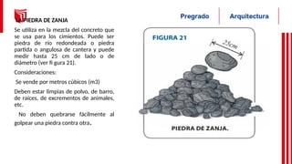 LA PIEDRA DE ZANJA
Se utiliza en la mezcla del concreto que
se usa para los cimientos. Puede ser
piedra de río redondeada o piedra
partida o angulosa de cantera y puede
medir hasta 25 cm de lado o de
diámetro (ver fi gura 21).
Consideraciones:
Se vende por metros cúbicos (m3)
Deben estar limpias de polvo, de barro,
de raíces, de excrementos de animales,
etc.
No deben quebrarse fácilmente al
golpear una piedra contra otra.
 