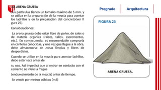 LA ARENA GRUESA
Sus partículas tienen un tamaño máximo de 5 mm. y
se utiliza en la preparación de la mezcla para asentar
los ladrillos y en la preparación del concreto(ver fi
gura 23).
Consideraciones:
La arena gruesa debe estar libre de polvo, de sales o
de materia orgánica (raíces, tallos, excrementos,
etc.). En consecuencia, es recomendable comprarla
en canteras conocidas, y una vez que llegue a la obra,
debe almacenarse en zonas limpias y libres de
desperdicios.
Cuando se utilice en la mezcla para asentar ladrillos,
debe estar seca antes de
su uso. Así impedirá que al entrar en contacto con el
cemento se inicie la fragua
(endurecimiento de la mezcla) antes de tiempo.
Se vende por metros cúbicos (m3)
 